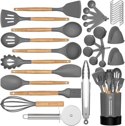 Premium 35-Piece Silicone Cooking Utensil Set - Non-Stick, Heat Resistant Kitchen Tools with Natural Wooden Handles - Stylish Gray Design