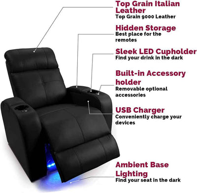 Valencia Verona Home Theater Seating | Premium Top Grain Italian 9000 Leather, Power Recliner, LED Lighting (Row of 2, Black) - GG store