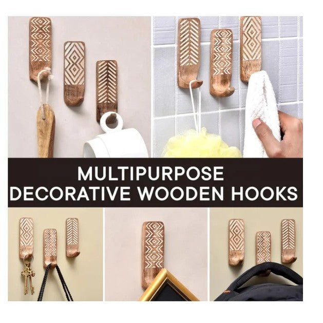 Set of 3 modern minimalist wood and bamboo single hooks by Cavira, suitable for bedroom, entryway, or wardrobe storage.