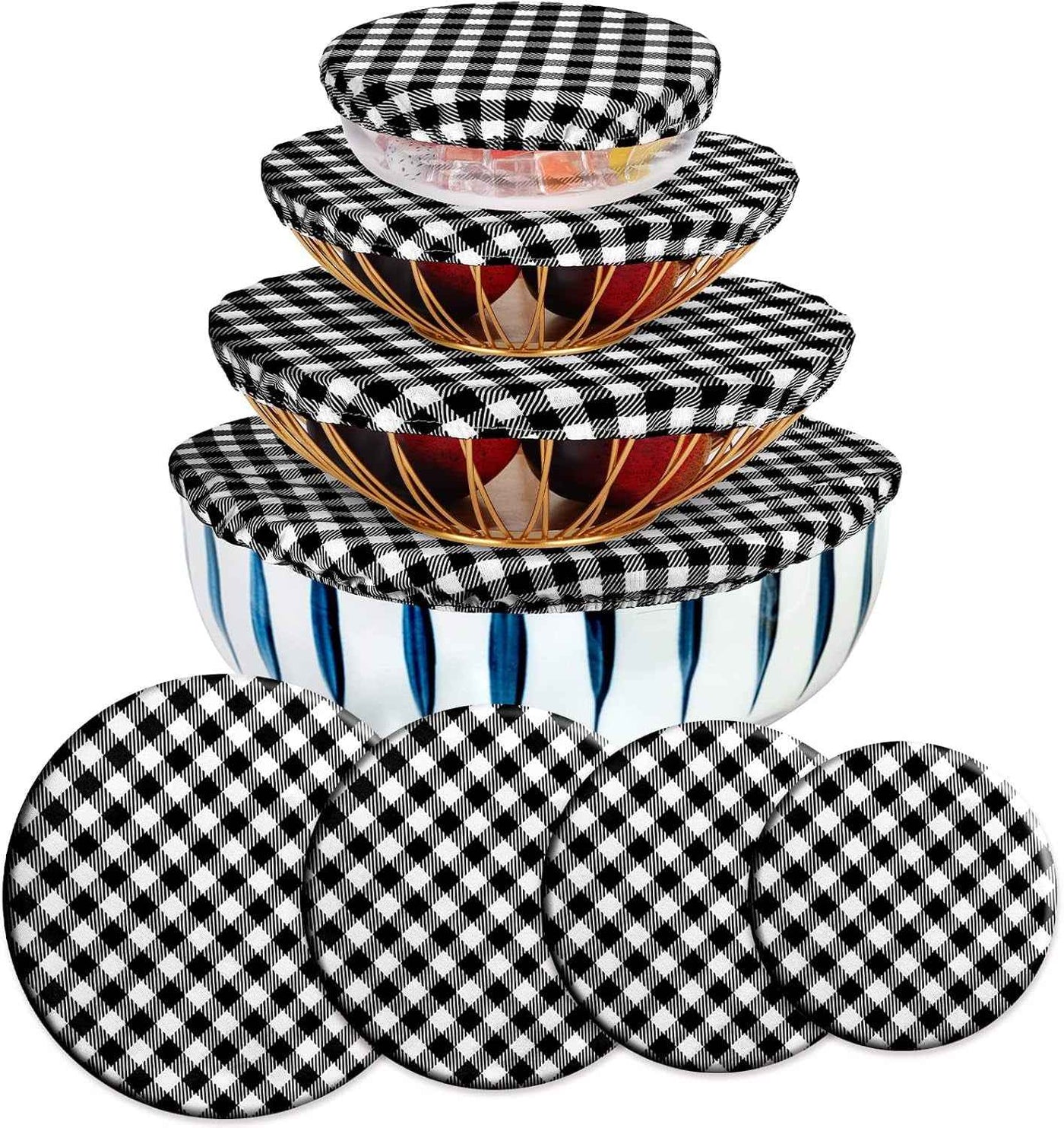 8 Pieces Reusable Bowl Covers Baking Dish Covers Elastic Food Storage Covers Washable Bowl Covers for Bread Proofing, Outdoor Food Storage, 6, 8, 12, 14 Inch (Black-White Buffalo Plaid) - GG store