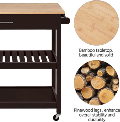 Versatile Bamboo Top Kitchen Island on Wheels - 3-Tier Rolling Cart with Drawer & Wine Storage, Espresso Finish, Perfect for Serving & Microwave Use, 20" D X 40" W