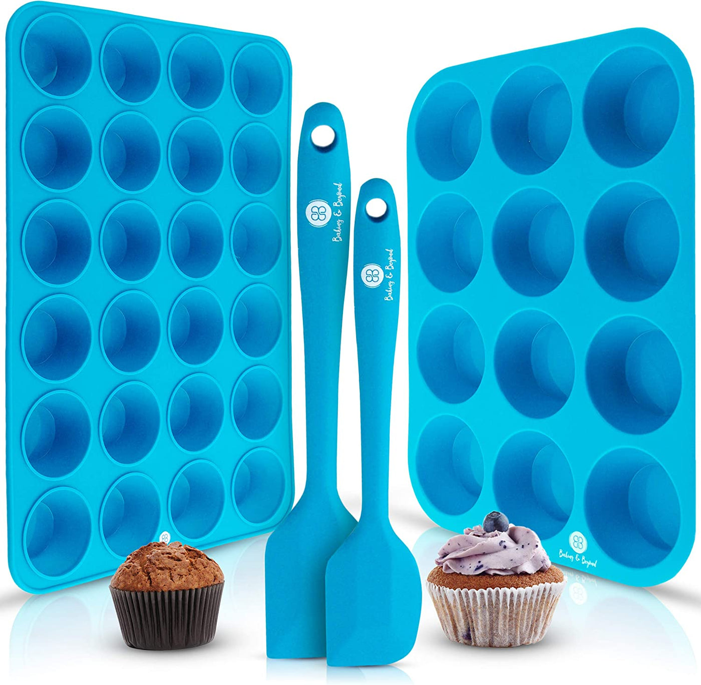 Ultimate Silicone Muffin Pan Set - Non-Stick 12 Cup and 24 Mini Cupcake Molds with 2 Spatulas and Recipe E-Book Included!