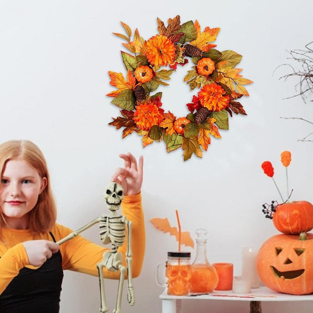 20” Pre-Lit Autumn Fall Door Wreath with Timer – LED Seasonal Front Door Decoration