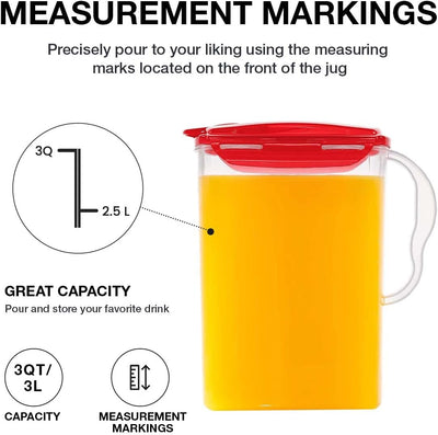 Aqua Fridge Door Water Jug - BPA Free Pitcher with Handle & Flip Top Lid, 3 Quarts - Ideal for Teas & Juices, Red