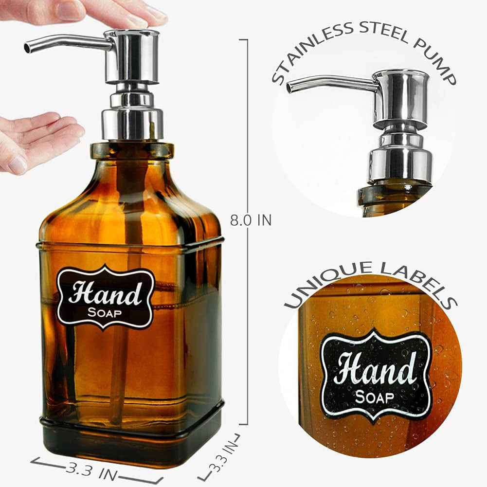 2Pack Paris Style Amber Soap Dispenser with Rust Proof Stainless Steel Pump, Refillable Kitchen Soap Dispenser with 6Pcs Stickers, Premium Hand Soap Dispenser for Kitchen Bathroom (Amber) - GG store