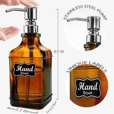 2Pack Paris Style Amber Soap Dispenser with Rust Proof Stainless Steel Pump, Refillable Kitchen Soap Dispenser with 6Pcs Stickers, Premium Hand Soap Dispenser for Kitchen Bathroom (Amber) - GG store