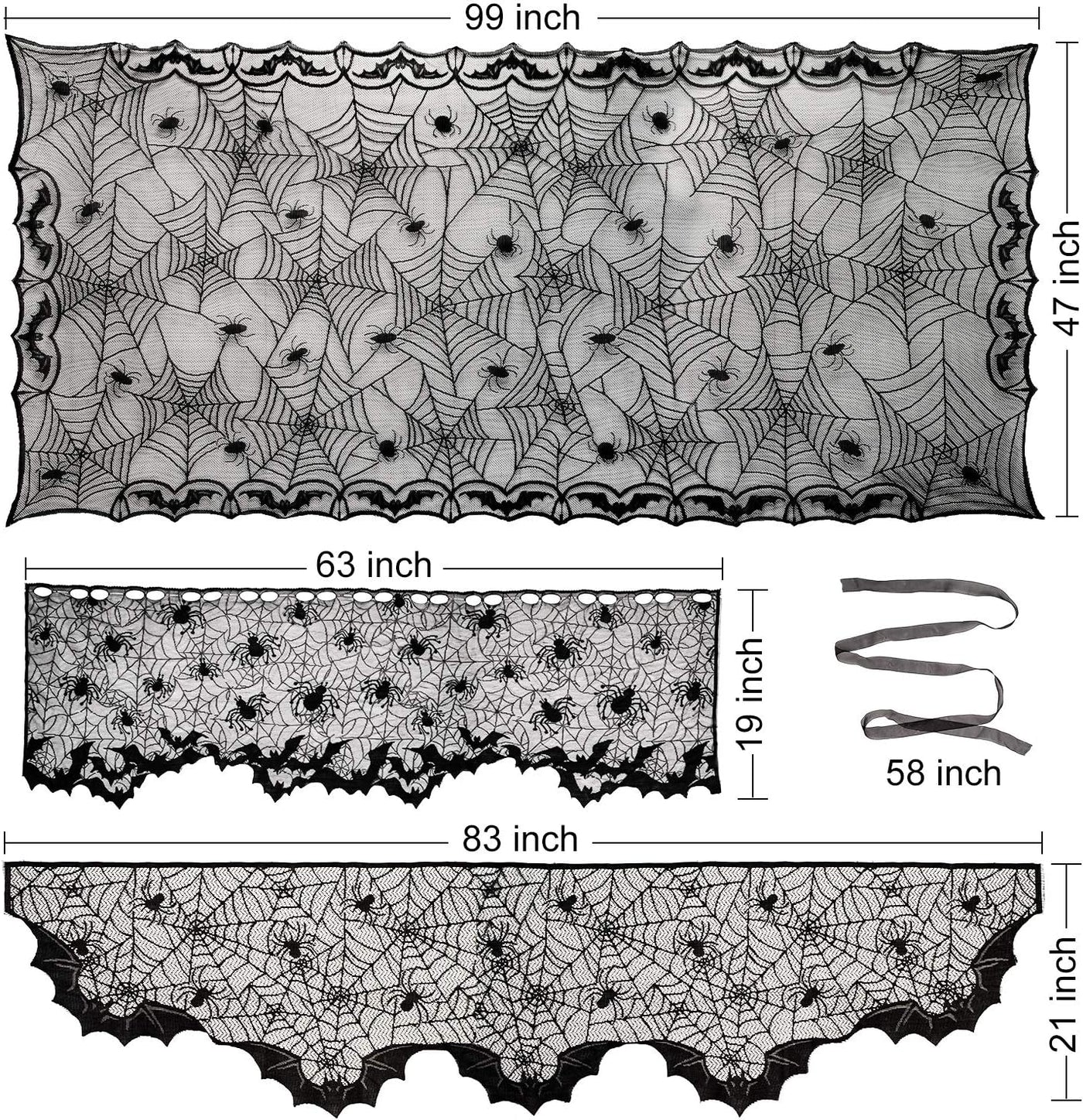Aritiflr 3 Pack Halloween Decorations, Black Lace Party Decor, Spider Web Fireplace Mantel Scarf Cover, Spider Web Table Topper Tablecloth, Halloween Lamp Shade