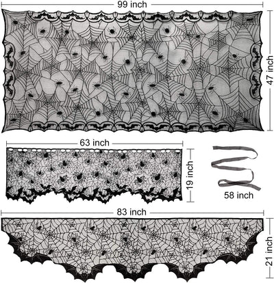 Aritiflr 3 Pack Halloween Decorations, Black Lace Party Decor, Spider Web Fireplace Mantel Scarf Cover, Spider Web Table Topper Tablecloth, Halloween Lamp Shade