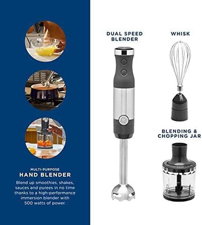 Immersion Blender for Shakes, Smoothies & Baby Food | Handheld 500W Blender with Whisk, Blending Jar & 2-Speed Interchangeable Attachments | Easy Clean Stainless Steel - GG store