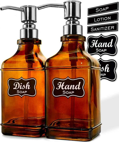 2Pack Paris Style Amber Soap Dispenser with Rust Proof Stainless Steel Pump, Refillable Kitchen Soap Dispenser with 6Pcs Stickers, Premium Hand Soap Dispenser for Kitchen Bathroom (Amber) - GG store