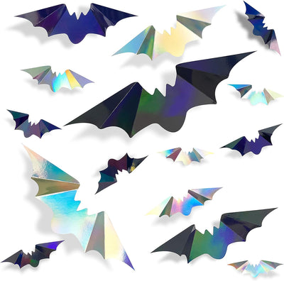72 Pcs Iridescent 3D Bat Wall Decor for Halloween - Holographic Silver & Black Stickers for Spooky Home and Party Decorations