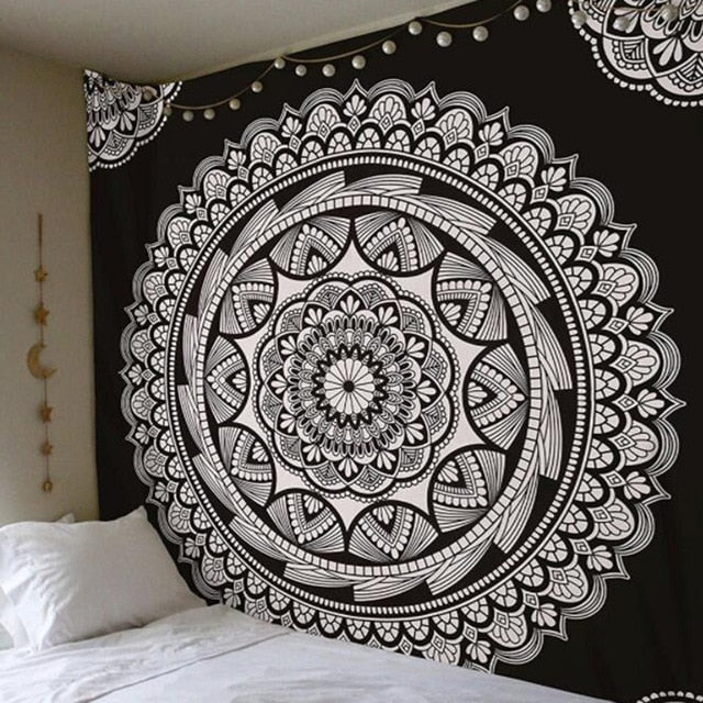 Bohemian Mandala floral wall hanging tapestry by Cavira, square polyester tribal wall decor for bedroom or living room.