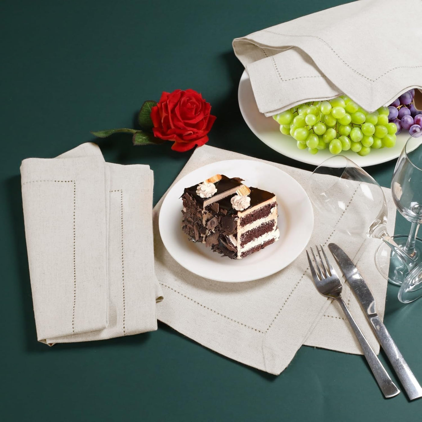 Luxurious Linen Flax Cotton Dinner Napkins Set of 12 – 18x18 Natural Fabric with Elegant Hemstitched Mitered Corners – Perfect for Weddings, Cocktails & Parties – Machine Washable