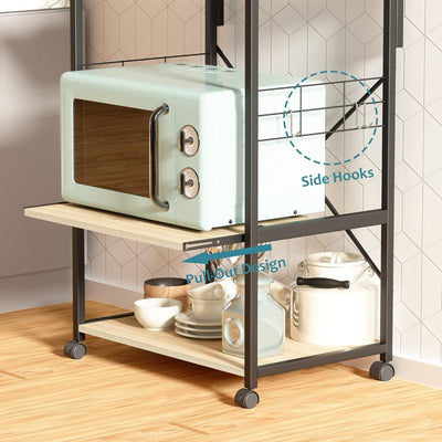 Stylish 4-Tier Kitchen Baker's Rack with Wheels - Versatile Utility Storage Shelf & Microwave Stand - Oak Wood Organizer with Side Hooks and Adjustable Feet