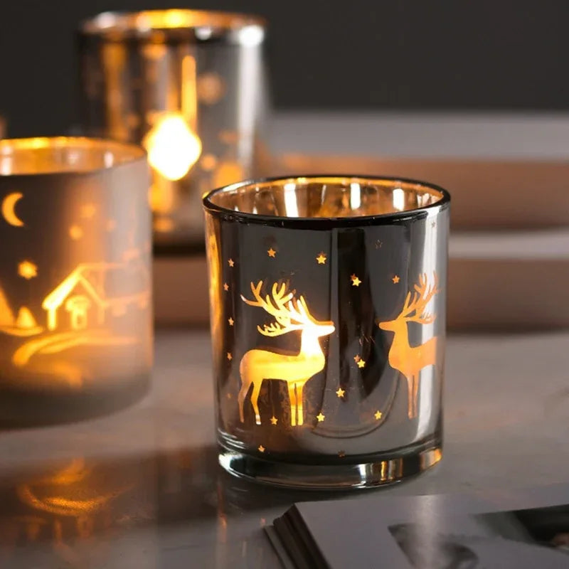 Glass Candle Holder with Reindeer Pattern - Christmas Home Decor & Gift - Cavira