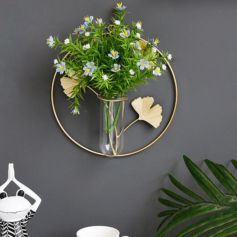 Golden iron wall-mounted hydroponic vase by Cavira, Scandinavian glass bud vase hanging for living room, bedroom, or home decor.