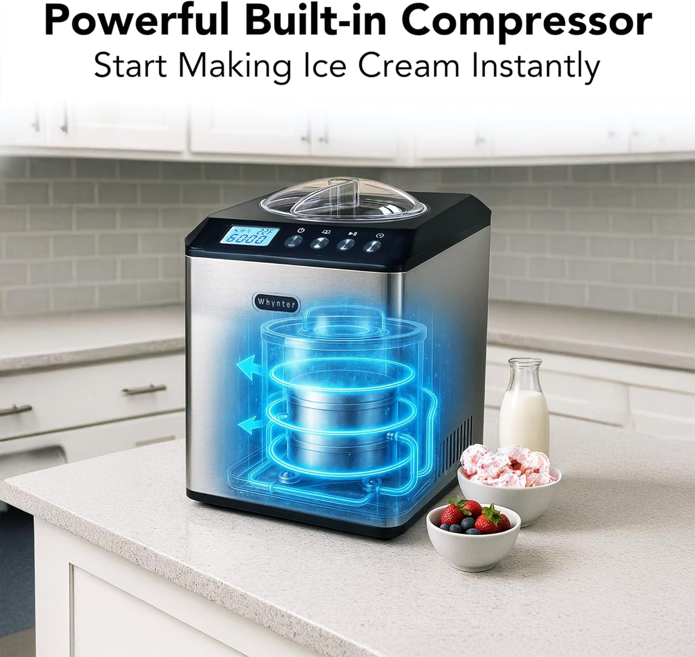 Automatic Ice Cream Maker - 2.1 Qt. Upright with Built-In Compressor, LCD Display & Timer - No Pre-Freezing - Stainless Steel ICM-201SB