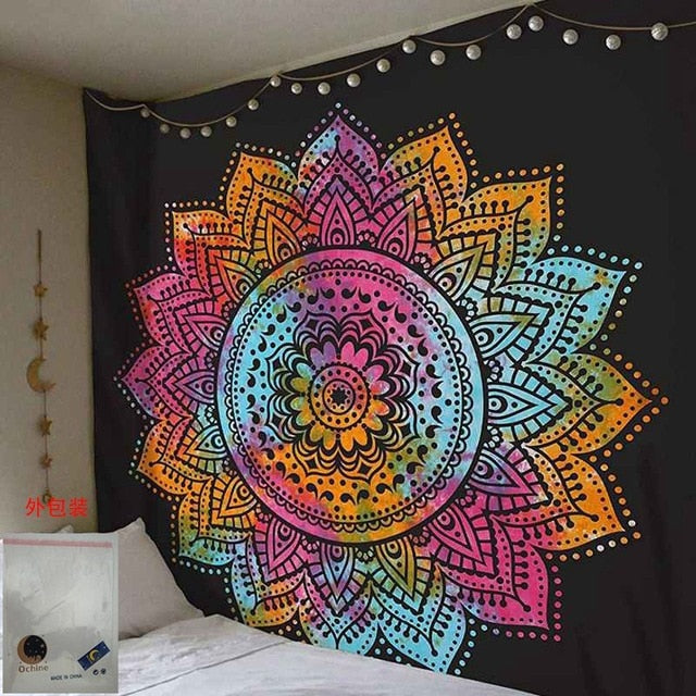 Cavira Mandala Boho tapestry wall hanging with psychedelic beach design, ideal as a bedroom, living room, or outdoor decor rug.