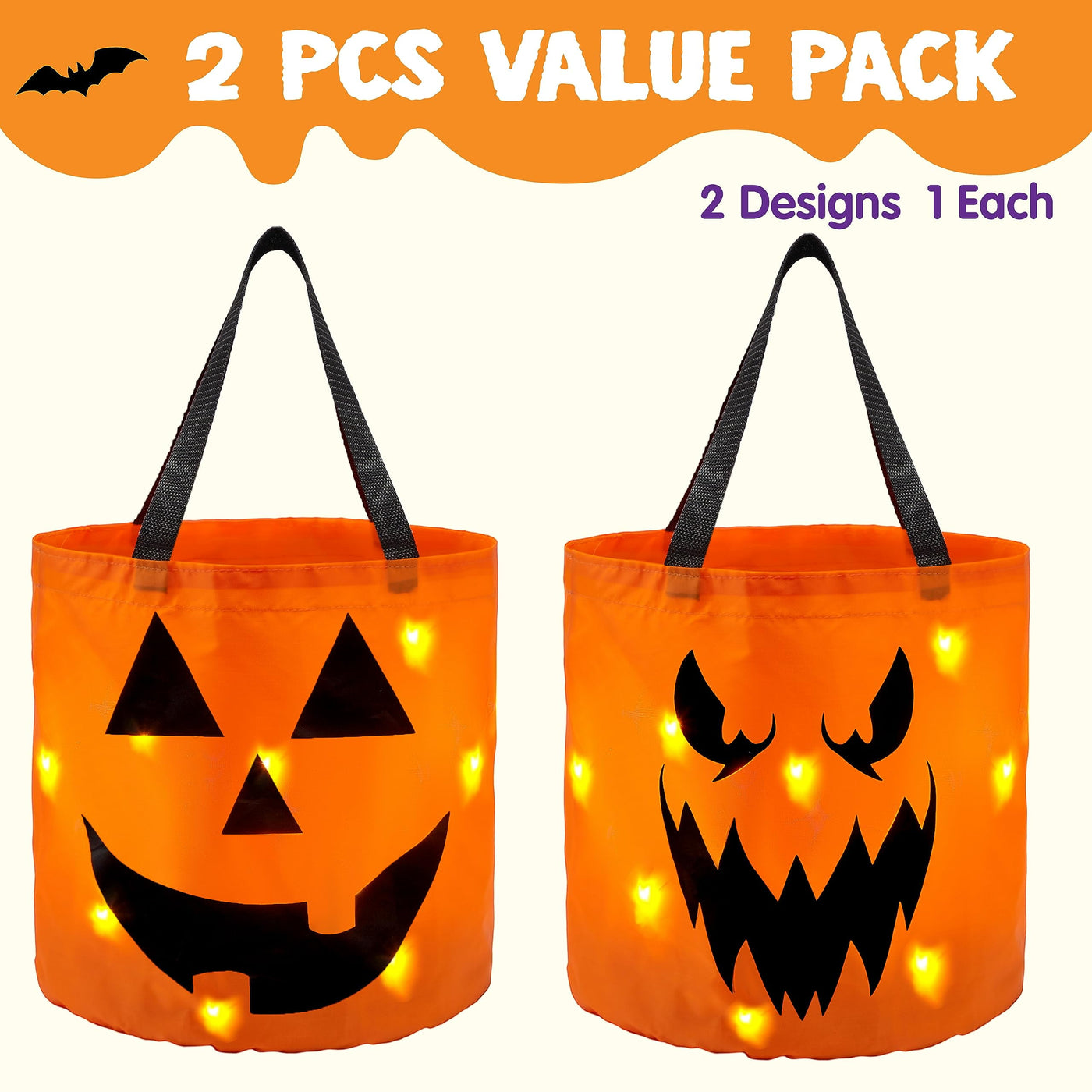 2 Pcs Halloween Candy Bag,Led Light Pumpkin Candy Buckets for Kids,Halloween Trick or Treat Bucket with Pumpkin Smile Face for Halloween Party Favors Goodie Bags