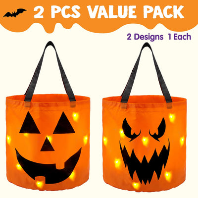 2 Pcs Halloween Candy Bag,Led Light Pumpkin Candy Buckets for Kids,Halloween Trick or Treat Bucket with Pumpkin Smile Face for Halloween Party Favors Goodie Bags