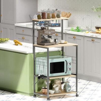 Stylish 4-Tier Kitchen Baker's Rack with Wheels - Versatile Utility Storage Shelf & Microwave Stand - Oak Wood Organizer with Side Hooks and Adjustable Feet