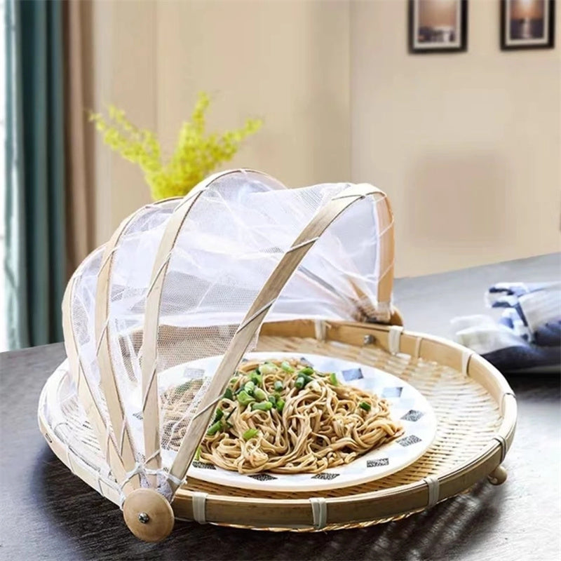 Handmade bamboo basket by Cavira, natural woven tray for bread, fruit, or serving at kitchen and dining table.