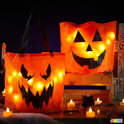2 Pcs Halloween Candy Bag,Led Light Pumpkin Candy Buckets for Kids,Halloween Trick or Treat Bucket with Pumpkin Smile Face for Halloween Party Favors Goodie Bags
