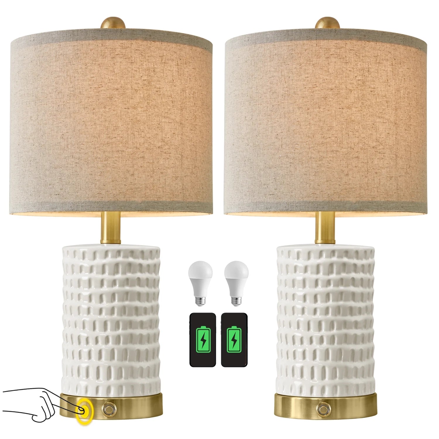 Set of 2 Dimmable Ceramic Table Lamps with USB Ports – Modern Farmhouse Bedside Nightstand Lighting
