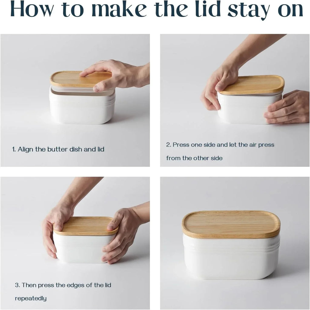 Farmhouse Ceramic Butter Keeper with Wooden Lid – Countertop Butter Storage Crock