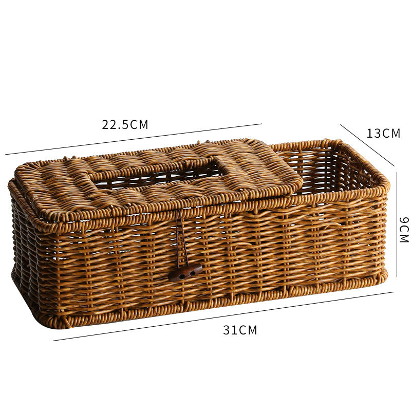 Plastic rattan-style tissue and remote control storage box in dark and light colors, multifunctional for living and dining rooms.