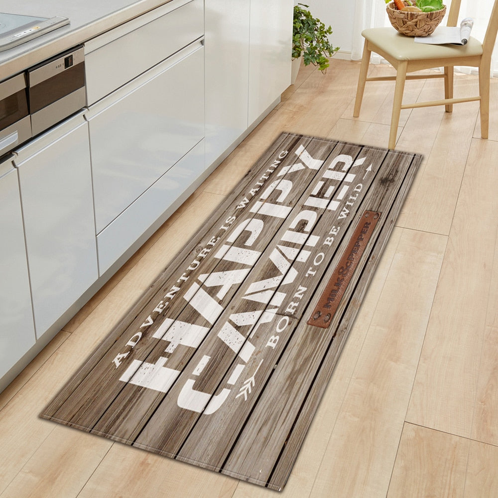 Nordic wood grain print anti-slip floor mat by Cavira in four sizes and colors, suitable for kitchen, bathroom, hallway, and bedroom.