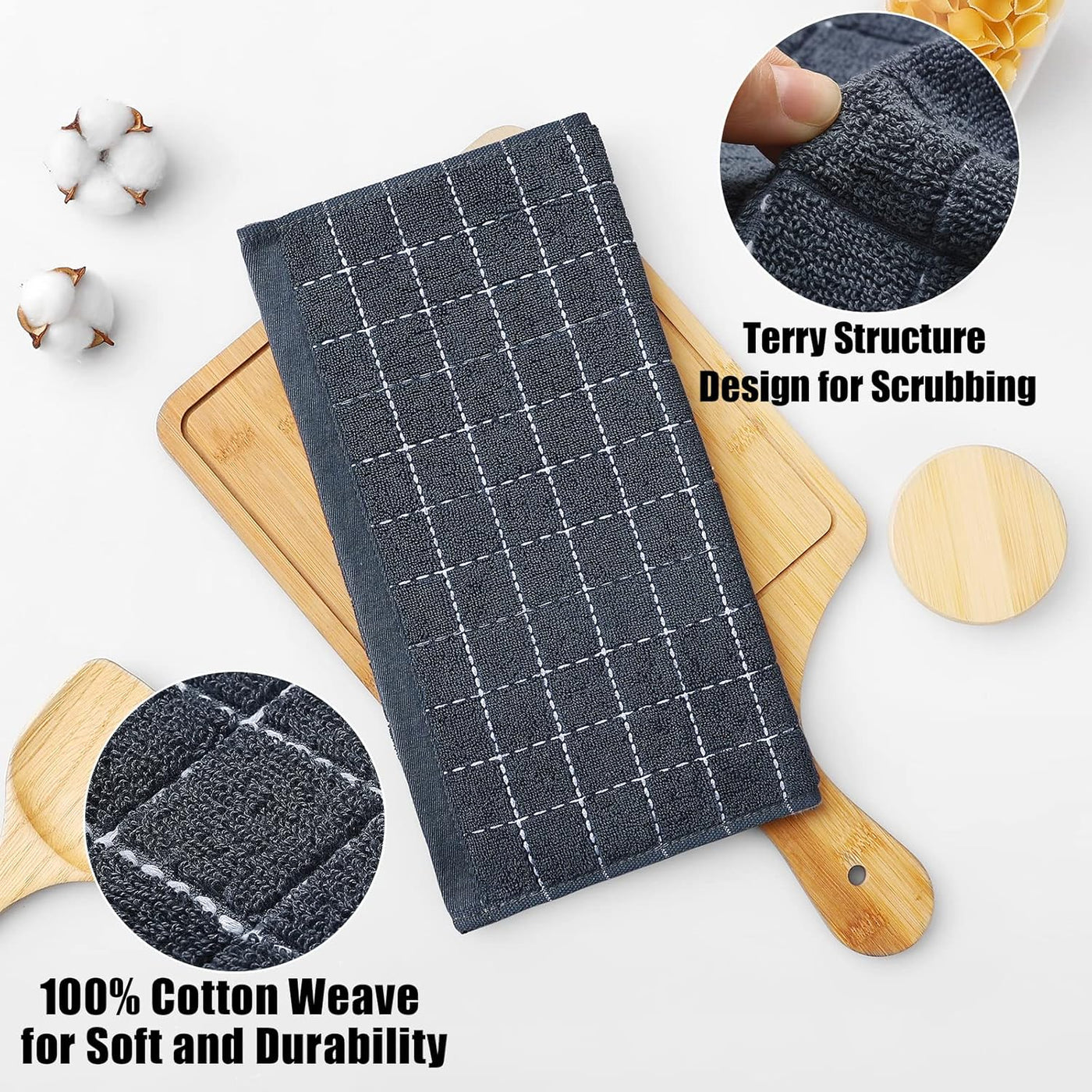 Ultra Soft 100% Cotton Terry Dish Cloths - Absorbent Kitchen Towels for Drying & Washing Dishes, 6 Pack, 12x12 Inches, Dark Grey