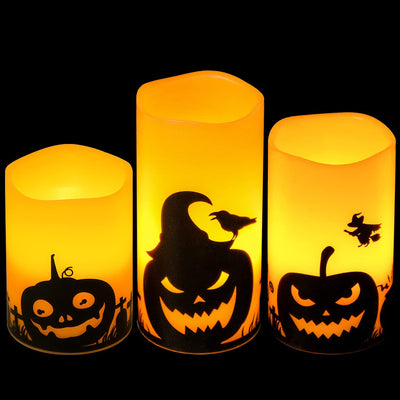 Spooky Halloween Flameless Candles - LED Flickering Pillar Set with Pumpkin Decals, 6H Timer | Perfect Fall Festival Party Decor - Set of 3 (D 3” X H 4”, 5”, 6”)