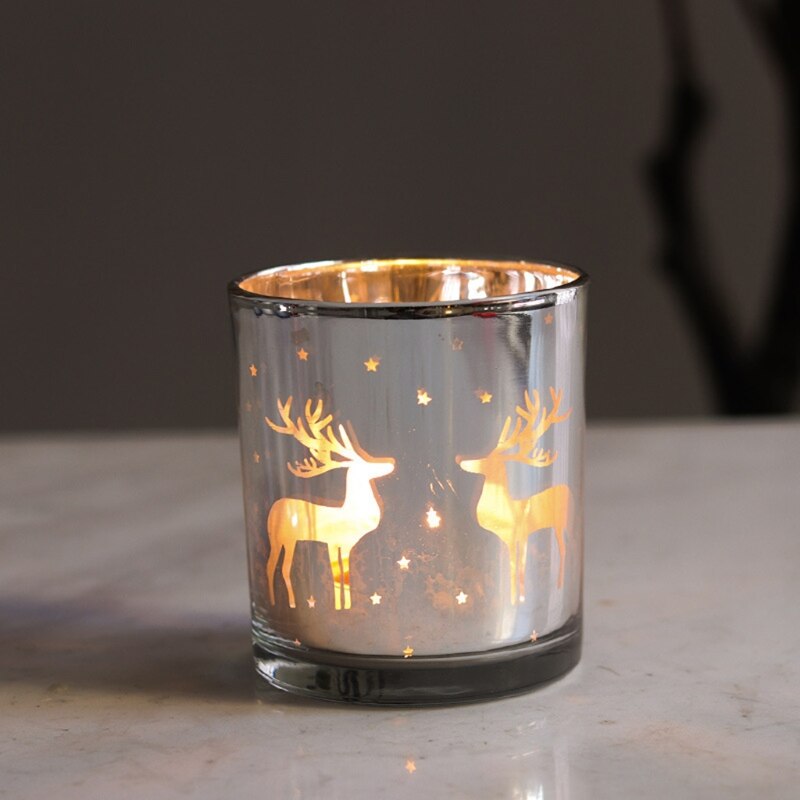 Glass Candle Holder with Reindeer Pattern - Christmas Home Decor & Gift - Cavira