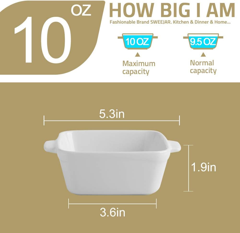 Elegant Blue Ceramic Souffle Dishes - Set of 6 Square Double Handle Ramekins for Baking Perfect Creme Brulee, Custard & Dipping - 10 OZ