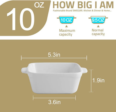 Elegant Blue Ceramic Souffle Dishes - Set of 6 Square Double Handle Ramekins for Baking Perfect Creme Brulee, Custard & Dipping - 10 OZ