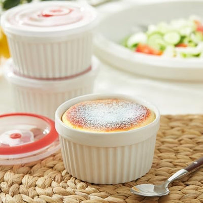 Versatile 6-Pack White Porcelain Ramekins with Lids – Perfect for Baking Soufflés, Crème Brûlée, and Storing Desserts!