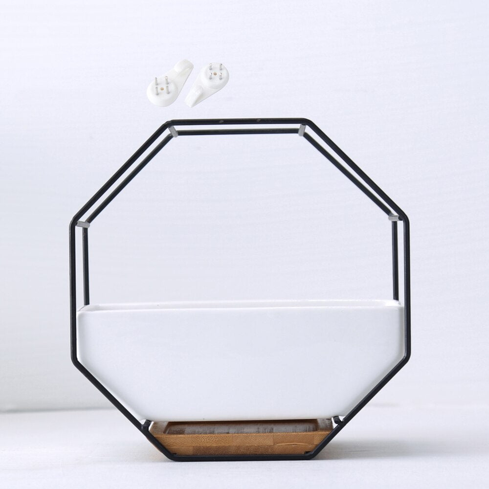 Octagonal white ceramic planter with iron frame and bamboo tray, boho minimalist wall décor for indoor plants by Cavira.