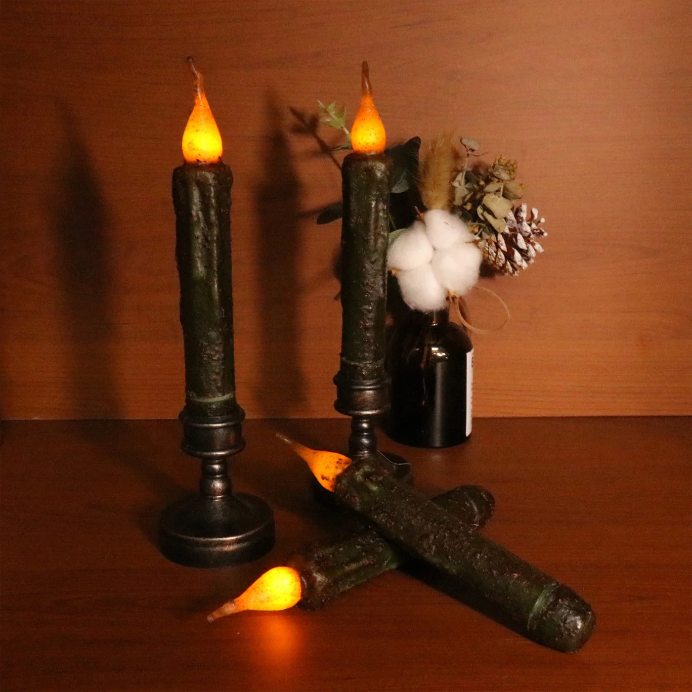 Taper Primitive Candles 6Pcs Real Wax Hand Dipped Battery Operated Flameless Candles for Christmas Halloween Home Decor Church