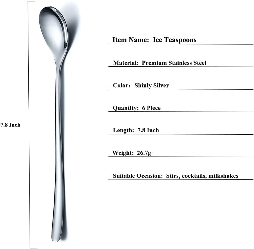 Premium Long Handle Stainless Steel Coffee and Cocktail Stirrer Set - 6 Elegant Spoons for Ice Tea, Cream, and More (Silver)