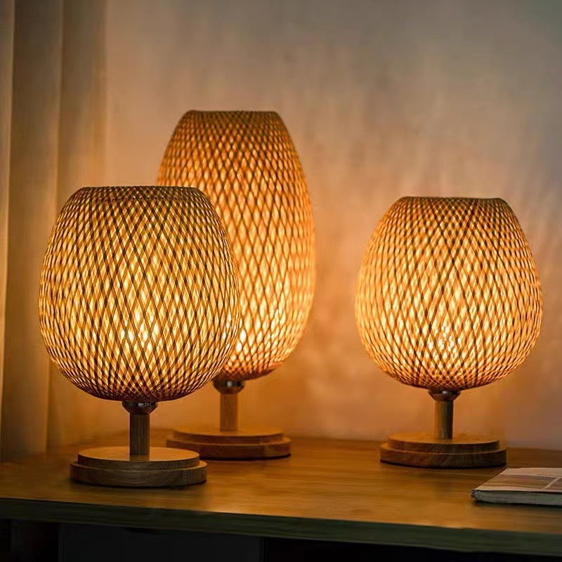 Bamboo Woven LED Desk Lamp | Japanese Zen & Southeast Asian Style | Warm, Tricolor & Dimmable with Remote | Bedroom, Living Room & Study Bedside Light | Cavira - Cavira