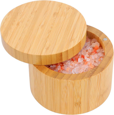 Elegant Bamboo Salt Box with Magnetic Swivel Lid - 8.5oz Round Spice Container for Secure and Durable Seasoning Storage and Organization
