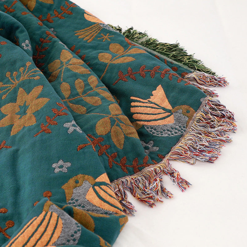 Cavira spring bird cotton gauze sofa cover in Chinese Nordic style, full coverage throw blanket for all seasons.
