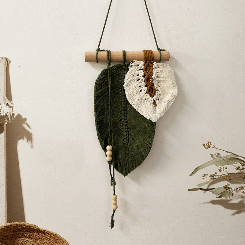 Boho Macrame Leaf Wall Hanging – Handmade Decorative Wall Art Green One Size