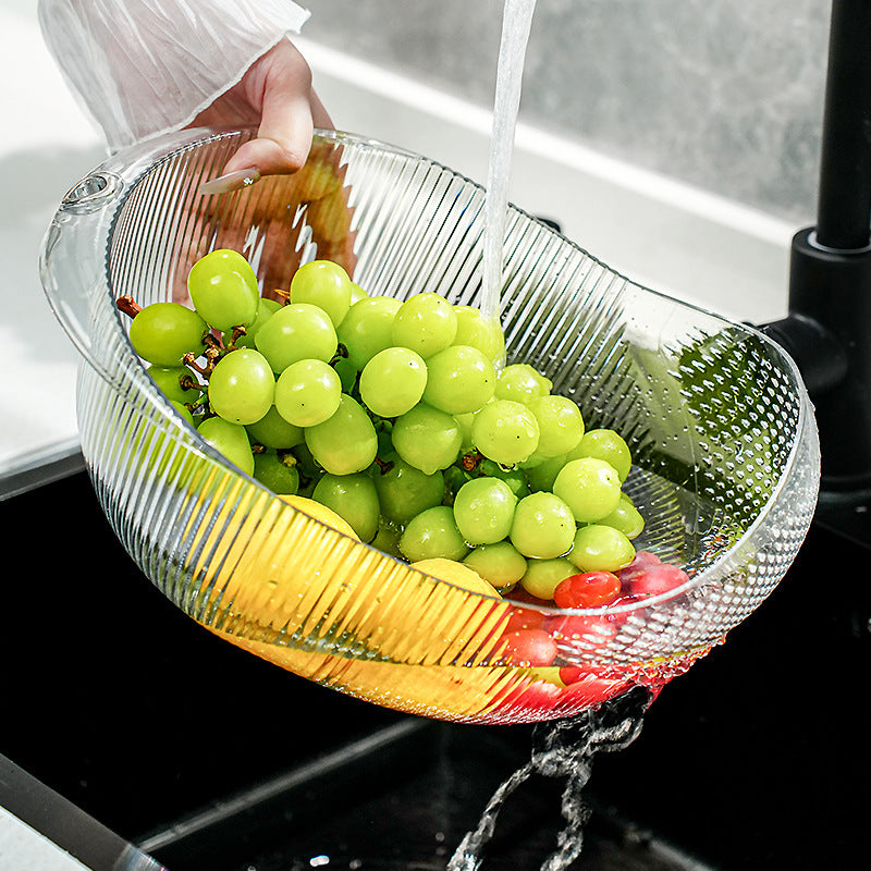 Cavira multifunctional vegetable washing and drain basket made of PET plastic, used for rinsing fruits, vegetables, rice, and kitchen storage