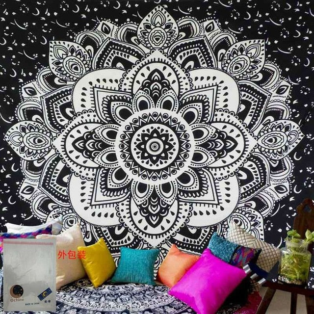 Cavira Mandala Boho tapestry wall hanging with psychedelic beach design, ideal for bedroom, living room, or outdoor decor.