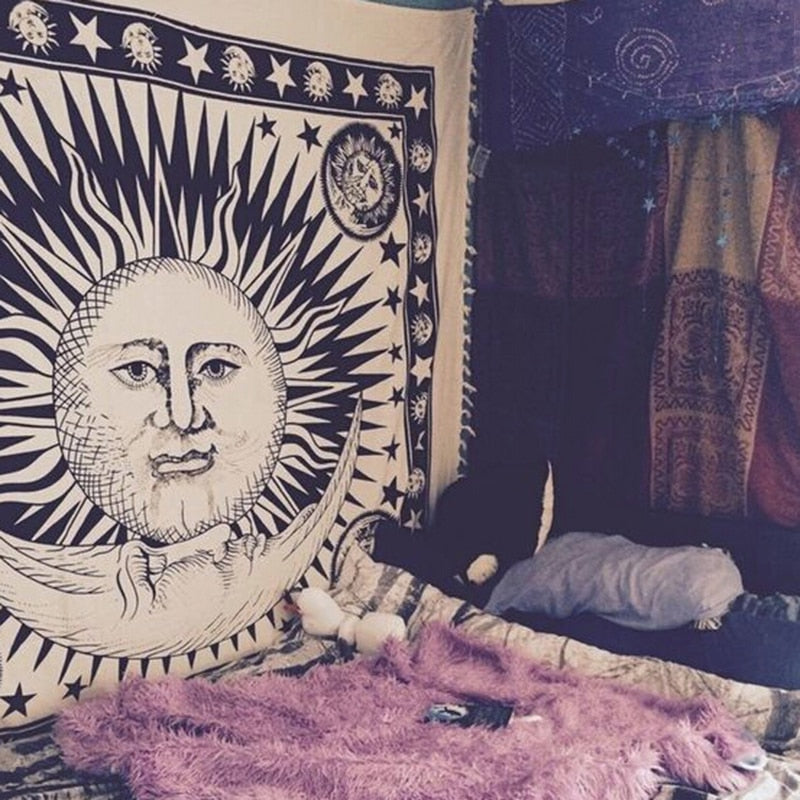 Bohemian Mandala floral wall hanging tapestry by Cavira, square polyester wall decor for bedroom, living room, boho home style