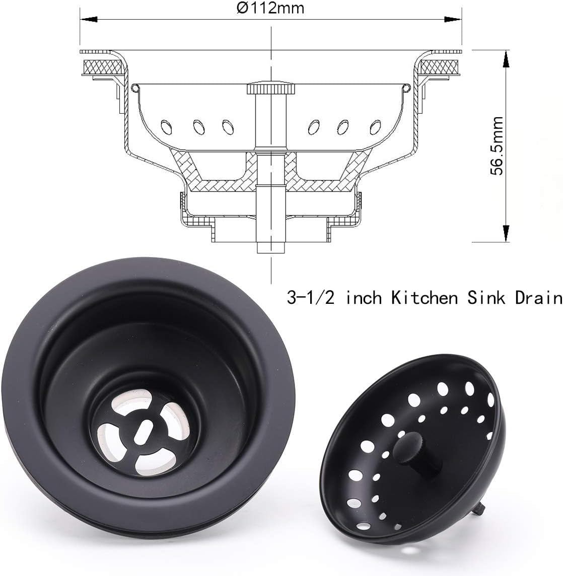 Stylish 3-1/2 Inch Black Stainless Steel Kitchen Sink Basket Strainer with Durable Rustproof Drain Assembly