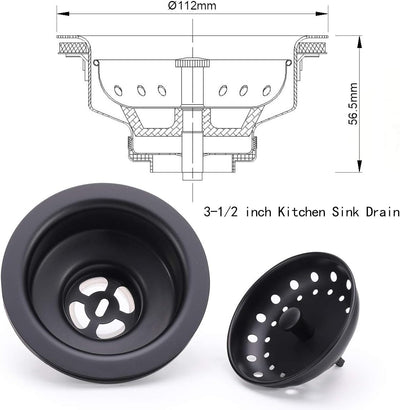 Stylish 3-1/2 Inch Black Stainless Steel Kitchen Sink Basket Strainer with Durable Rustproof Drain Assembly
