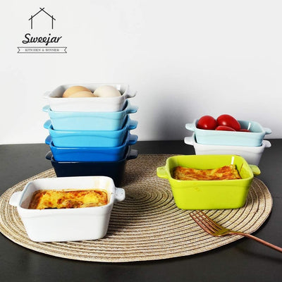 Elegant Blue Ceramic Souffle Dishes - Set of 6 Square Double Handle Ramekins for Baking Perfect Creme Brulee, Custard & Dipping - 10 OZ